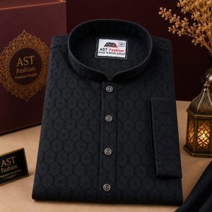 Bold & Royal Black Geometric Jacquard Cotton Panjabi